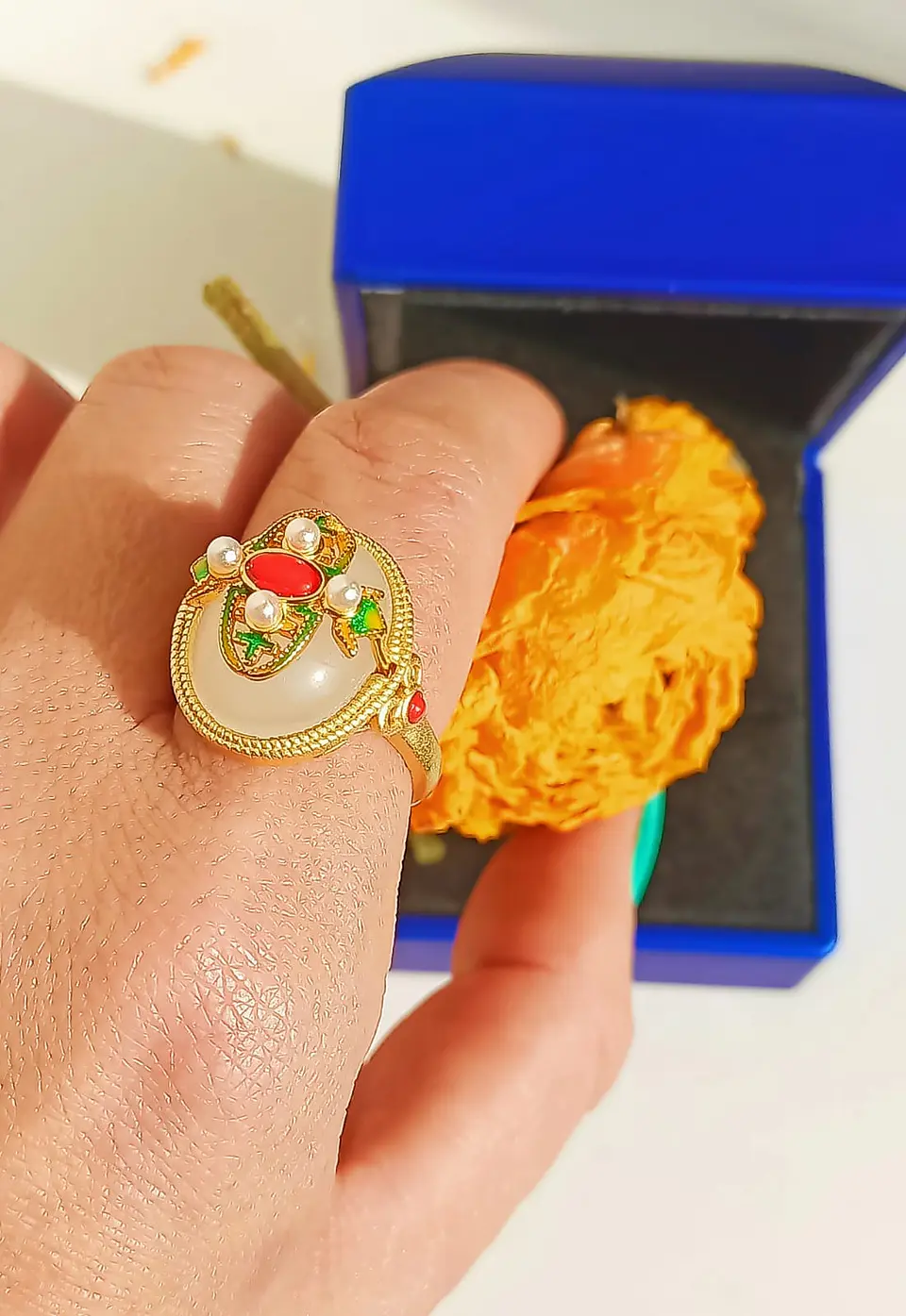 Anillo Ajustable Chapado En Oro 18k Turmalina Roja Jade 9