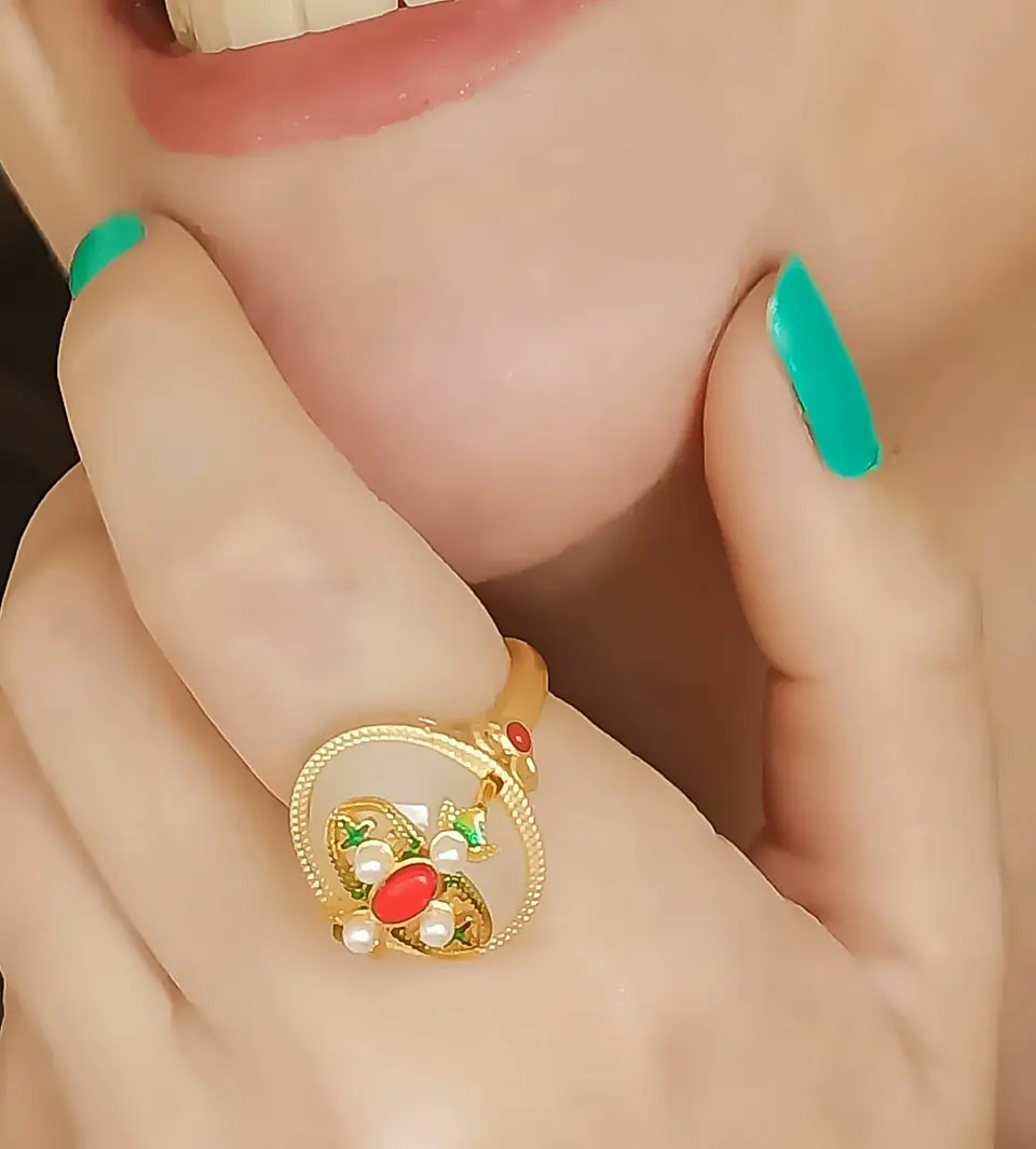 Anillo Ajustable Chapado En Oro 18k Turmalina Roja Jade 8