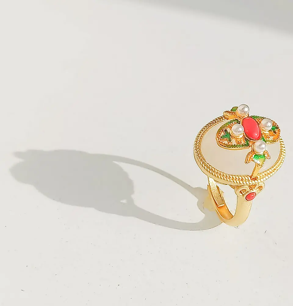 Anillo Ajustable Chapado En Oro 18k Turmalina Roja Jade 10