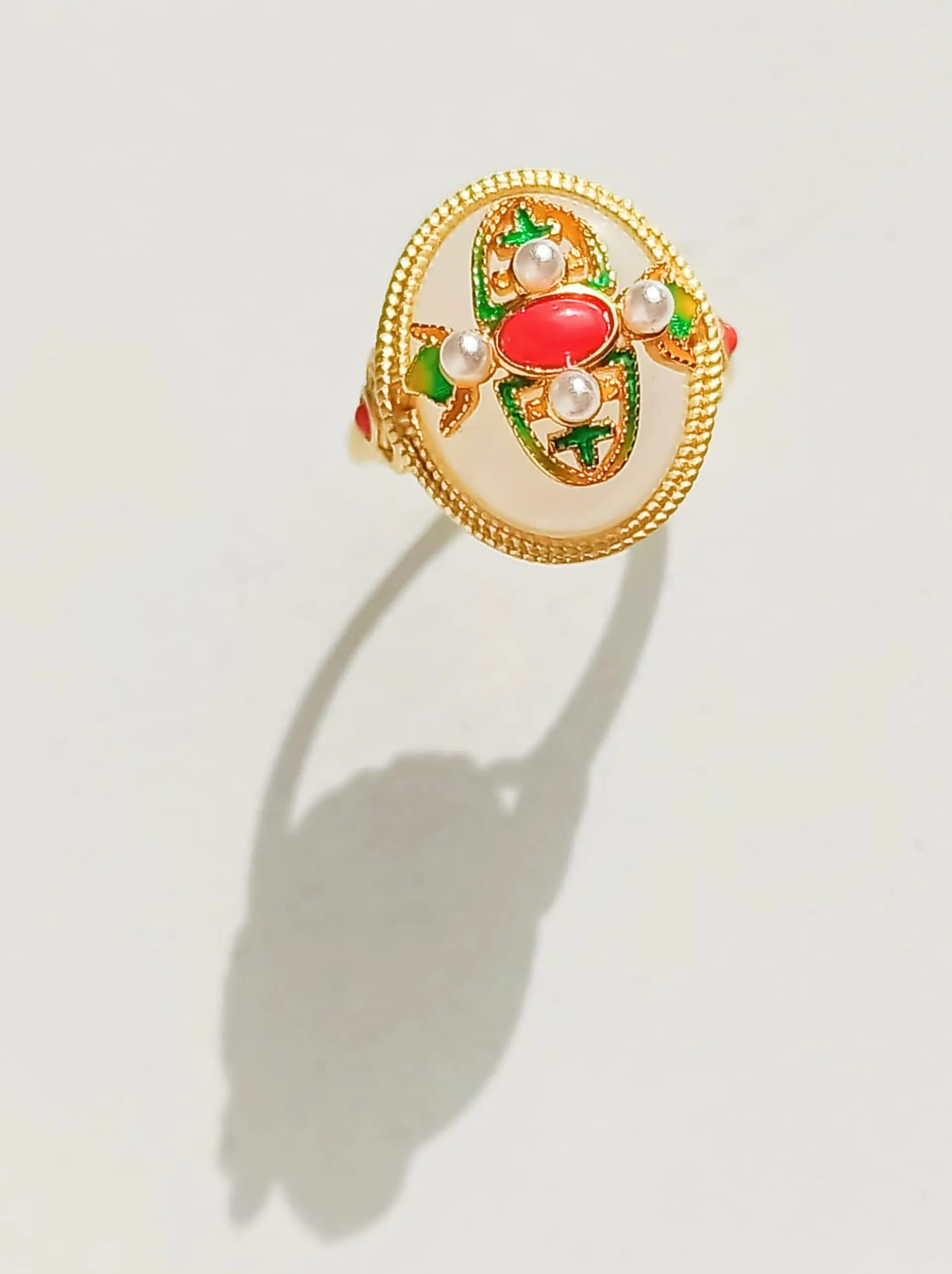 Anillo Ajustable Chapado En Oro 18k Turmalina Roja Jade 12