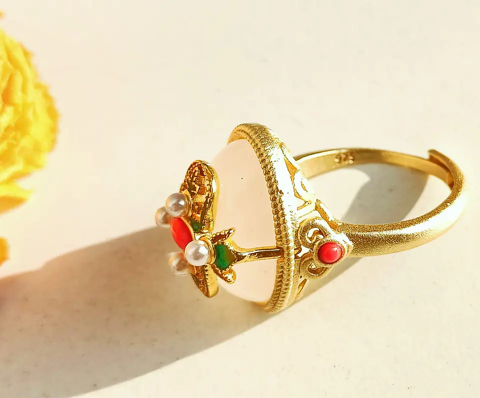 Anillo Ajustable Chapado En Oro 18k Turmalina Roja Jade 13