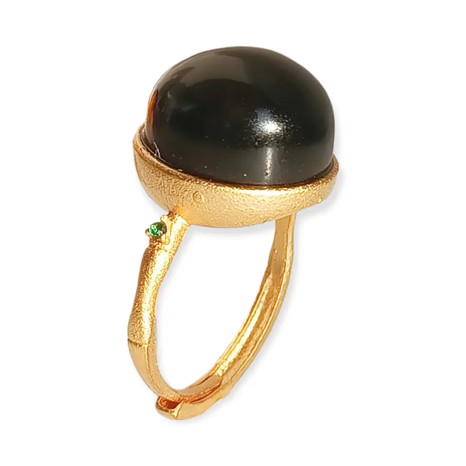 Anillo Ajustable Plata Chapada En Oro 18k Jade Negro Vintage 1