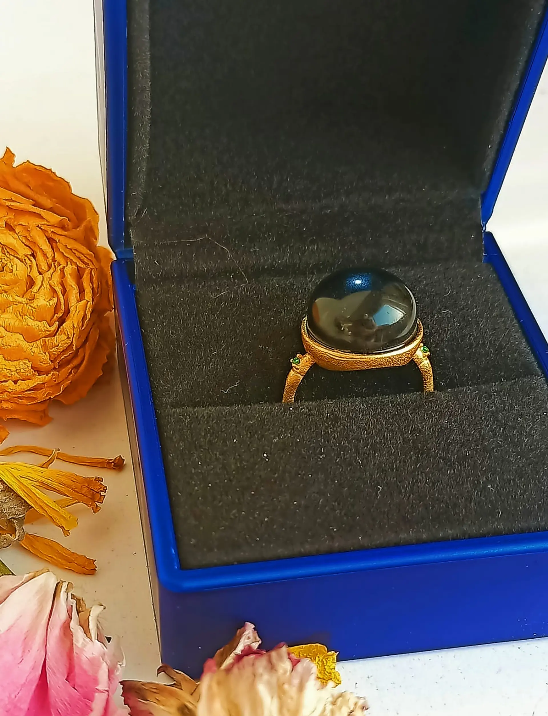 Anillo Ajustable Plata Chapada En Oro 18k Jade Negro Vintage 2