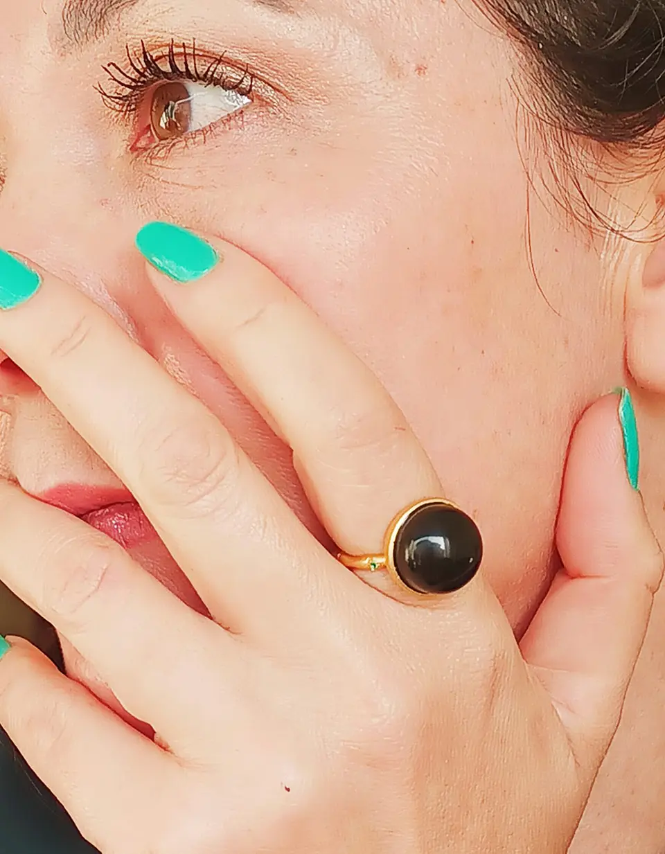 Anillo Ajustable Plata Chapada En Oro 18k Jade Negro Vintage 7