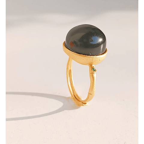 Anillo Ajustable Plata Chapada En Oro 18k Jade Negro Vintage