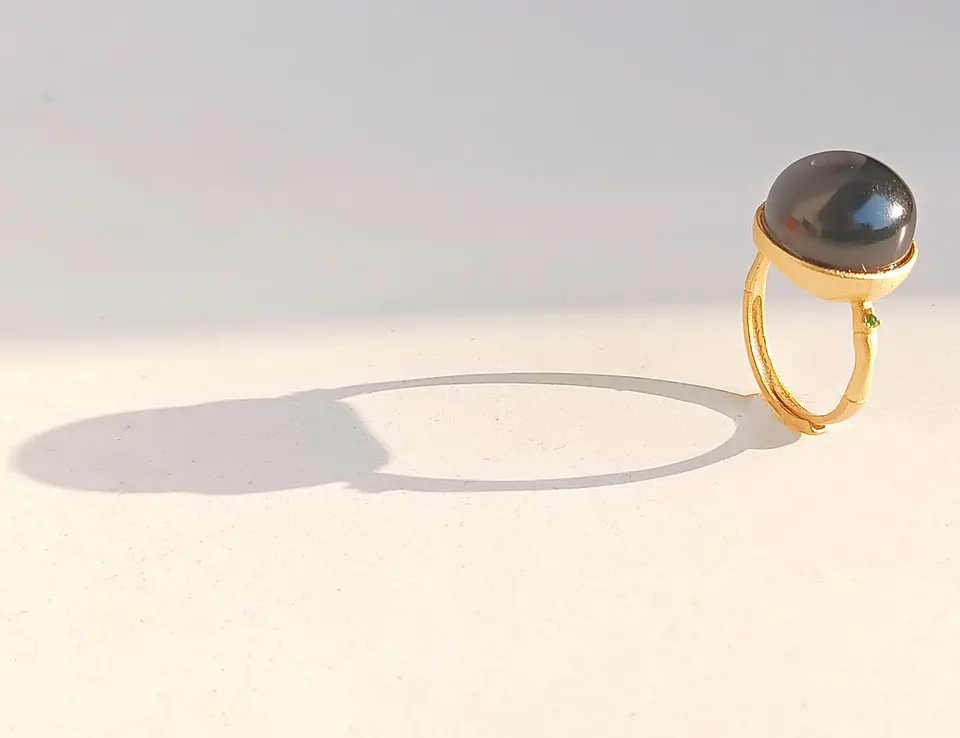 Anillo Ajustable Plata Chapada En Oro 18k Jade Negro Vintage 10