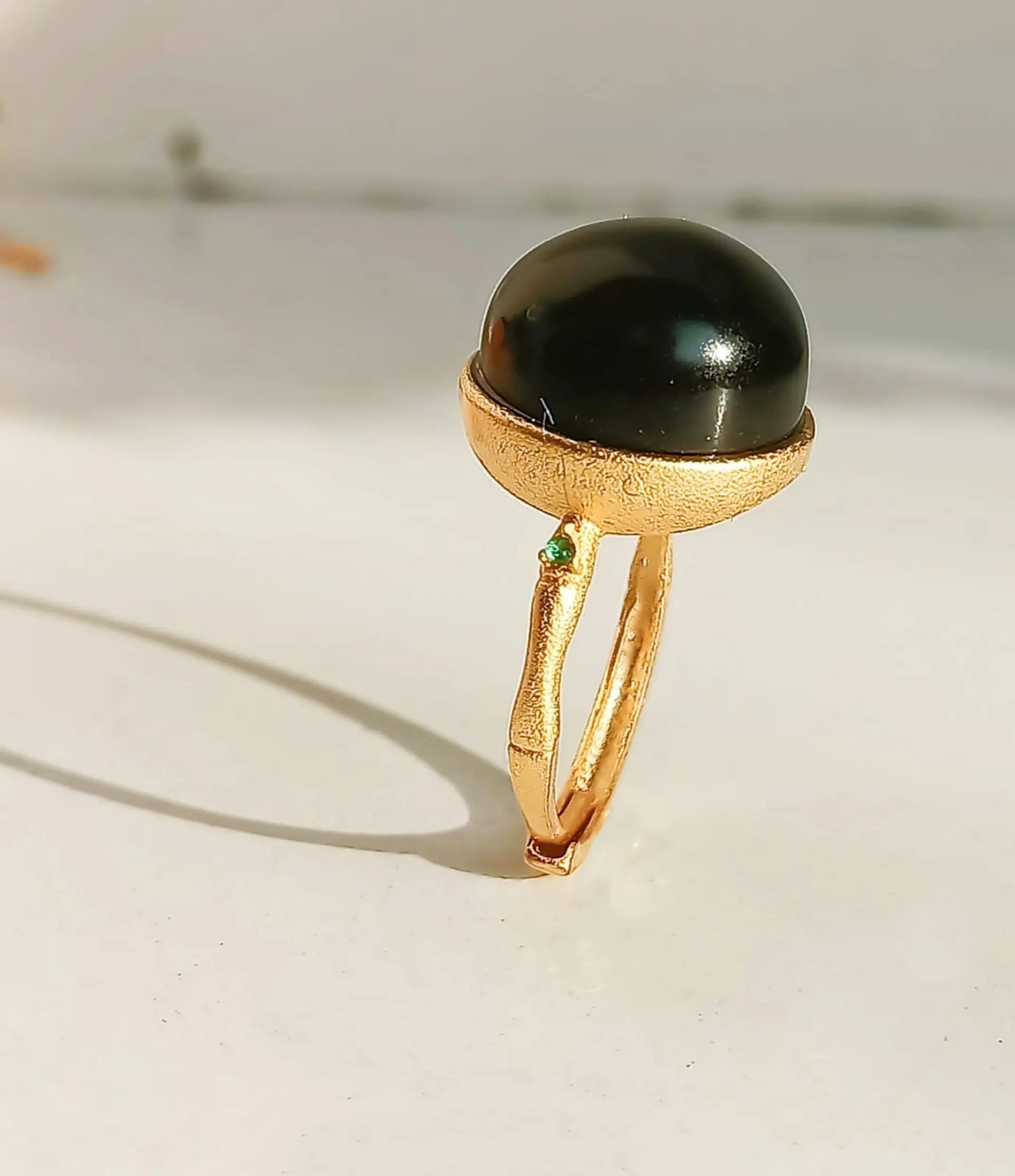 Anillo Ajustable Plata Chapada En Oro 18k Jade Negro Vintage 6