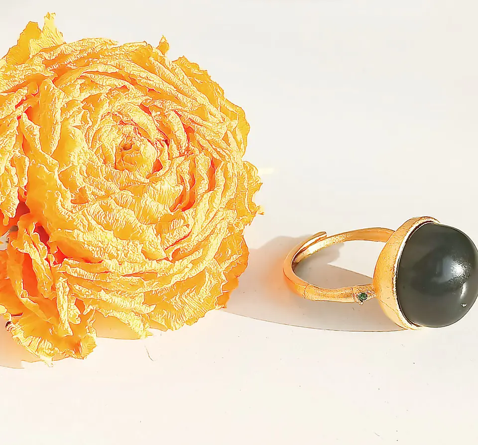 Anillo Ajustable Plata Chapada En Oro 18k Jade Negro Vintage 9