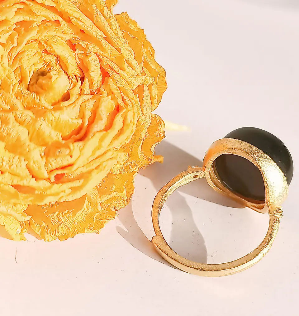 Anillo Ajustable Plata Chapada En Oro 18k Jade Negro Vintage 13
