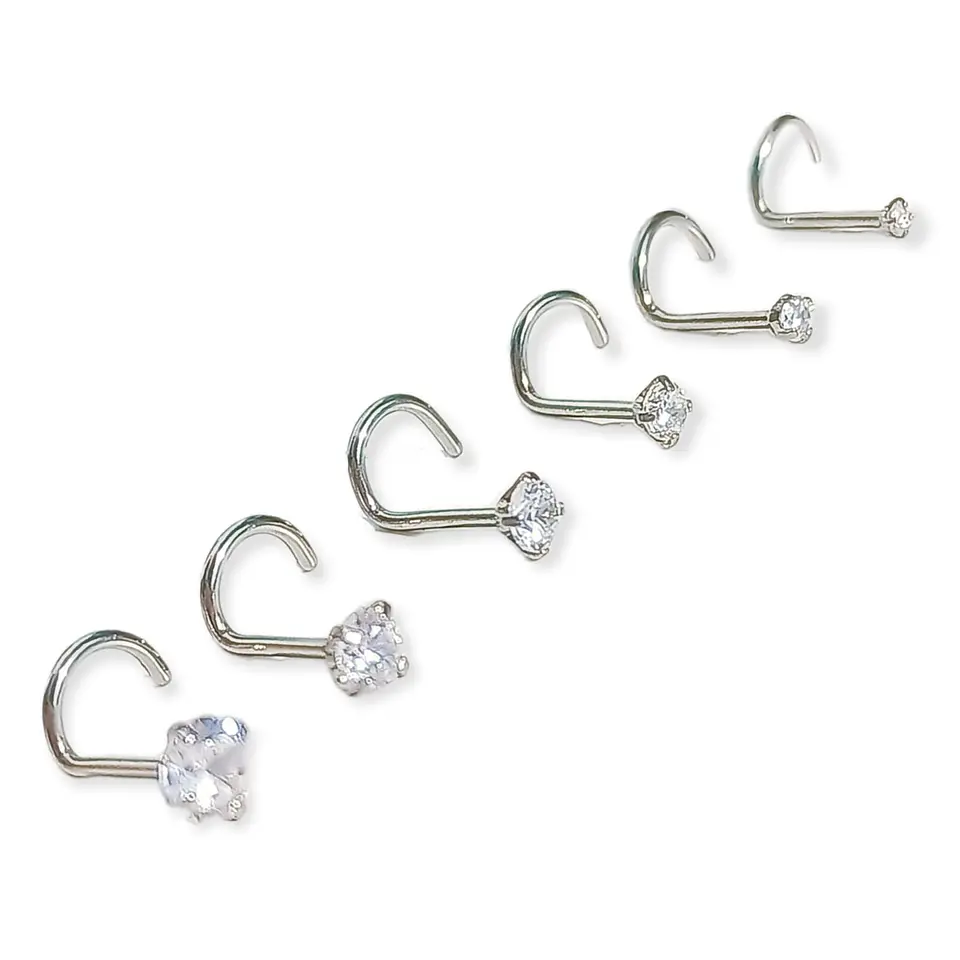 Set De 6 Piercing Pack Nostril Punto De Luz Tipo S Plateado 1