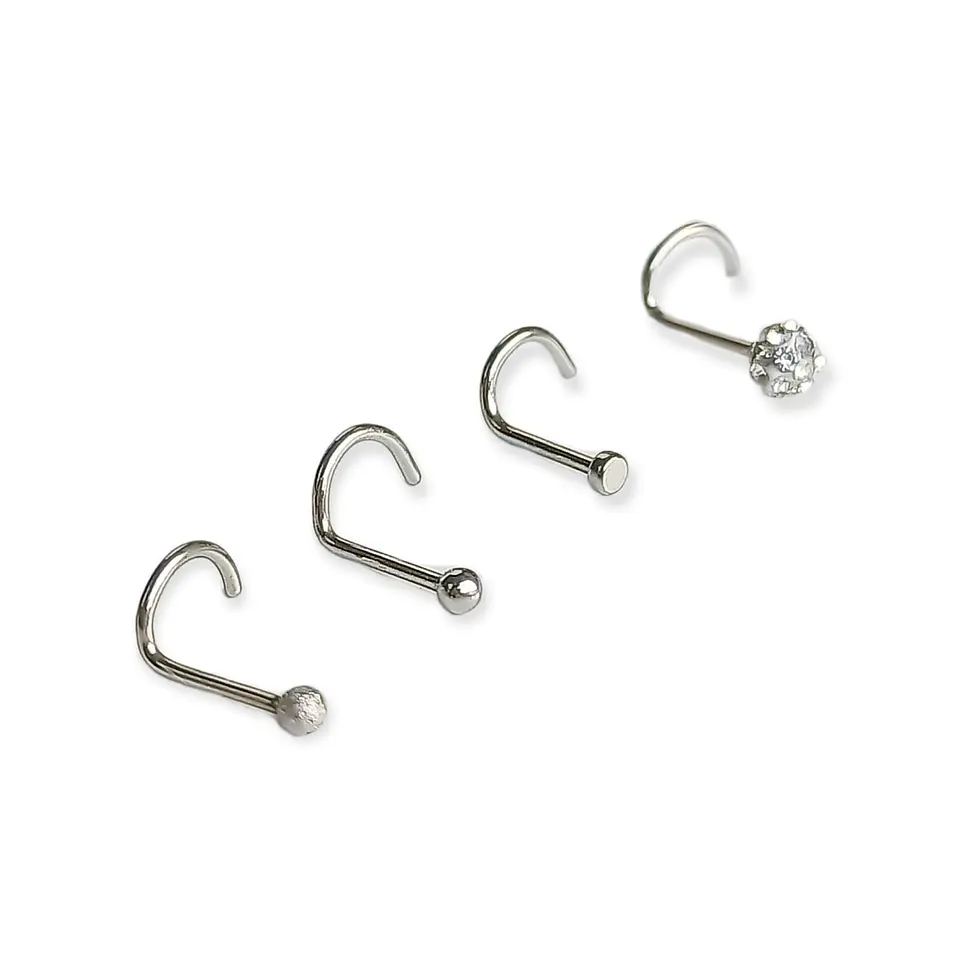 Set 4 Piercing Plateados Tipo S Nariz Zirconia Nostril Punk 1