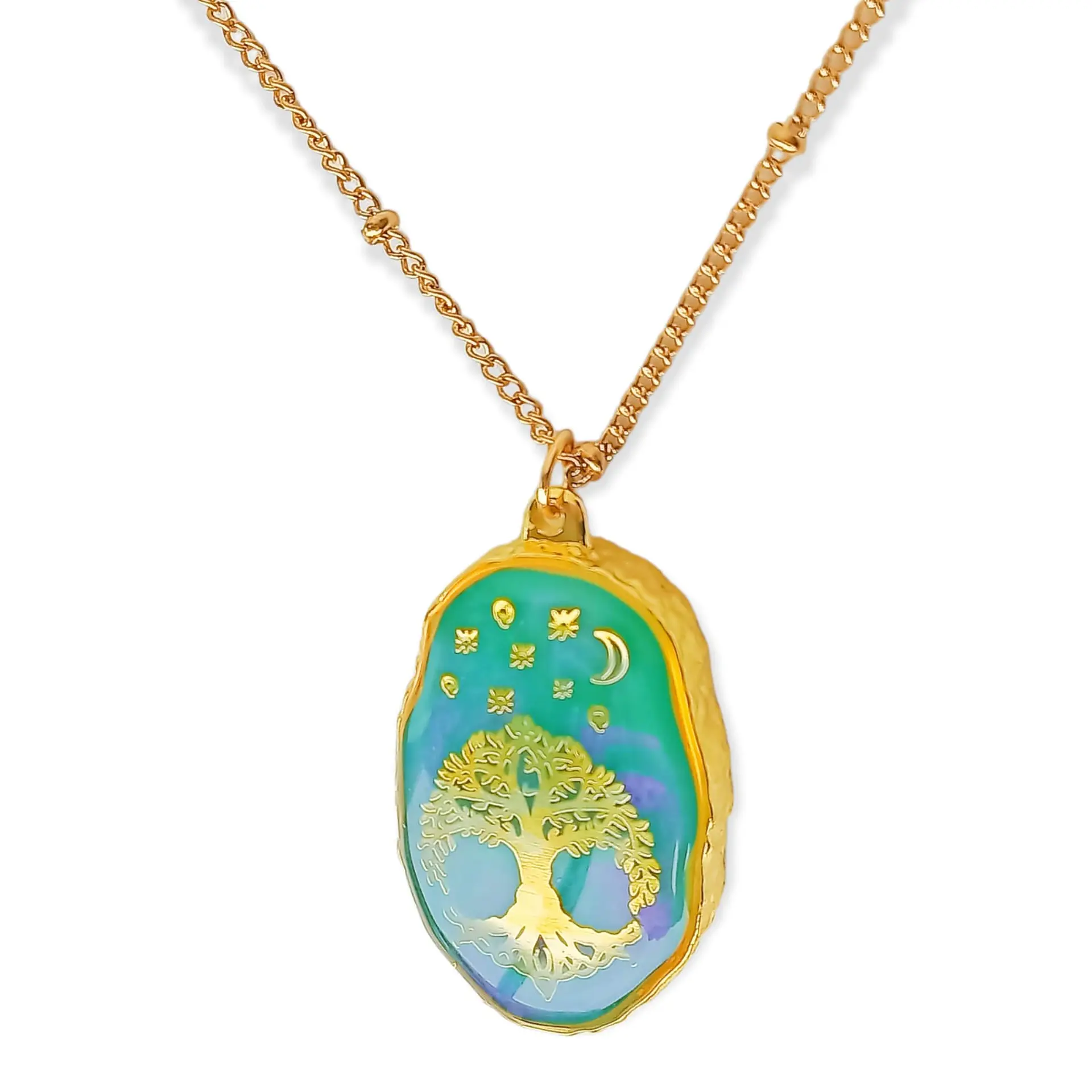 Colgante Árbol De La Vida Resina Verde Chapado En Oro 18k 11