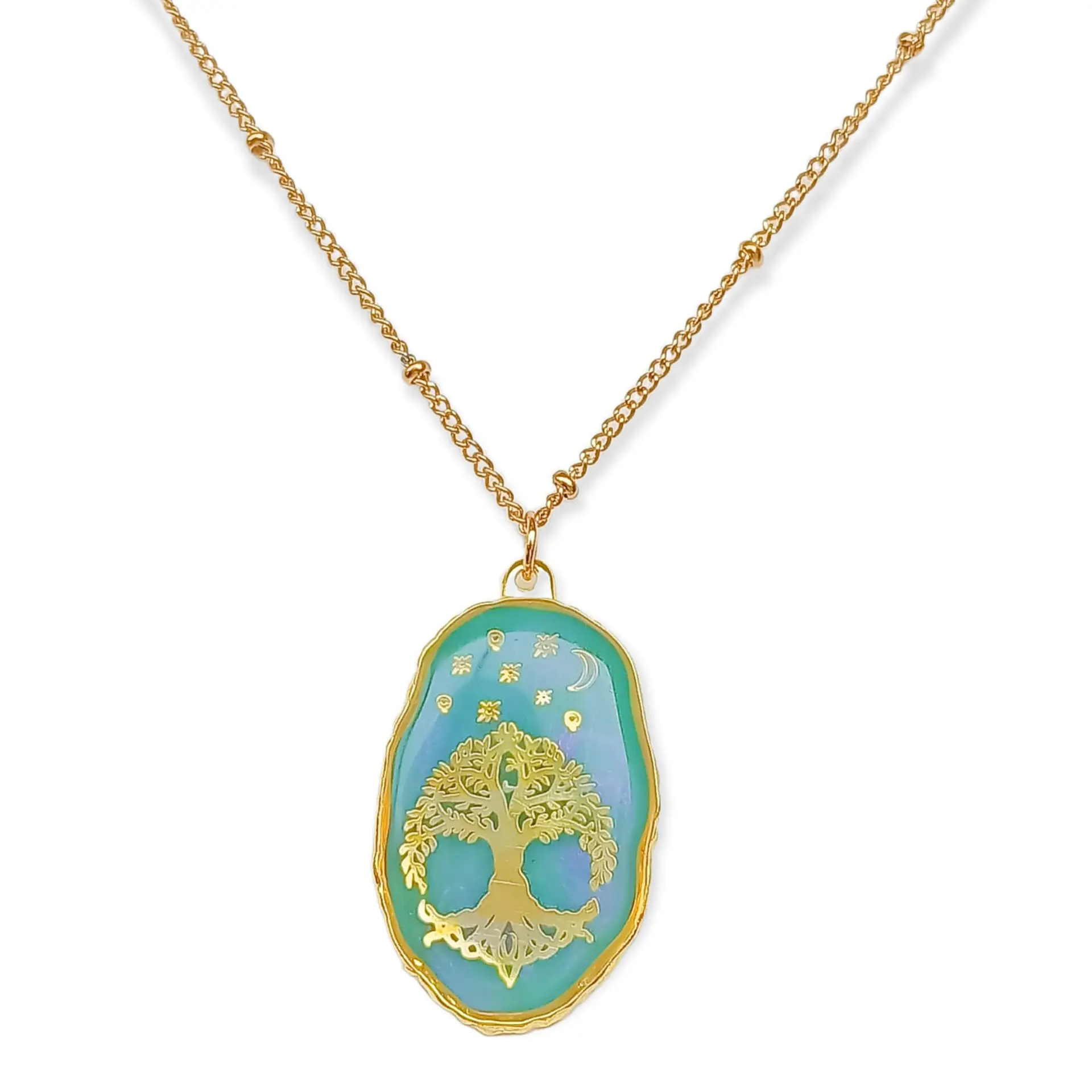 Colgante Árbol De La Vida Resina Verde Chapado En Oro 18k 1