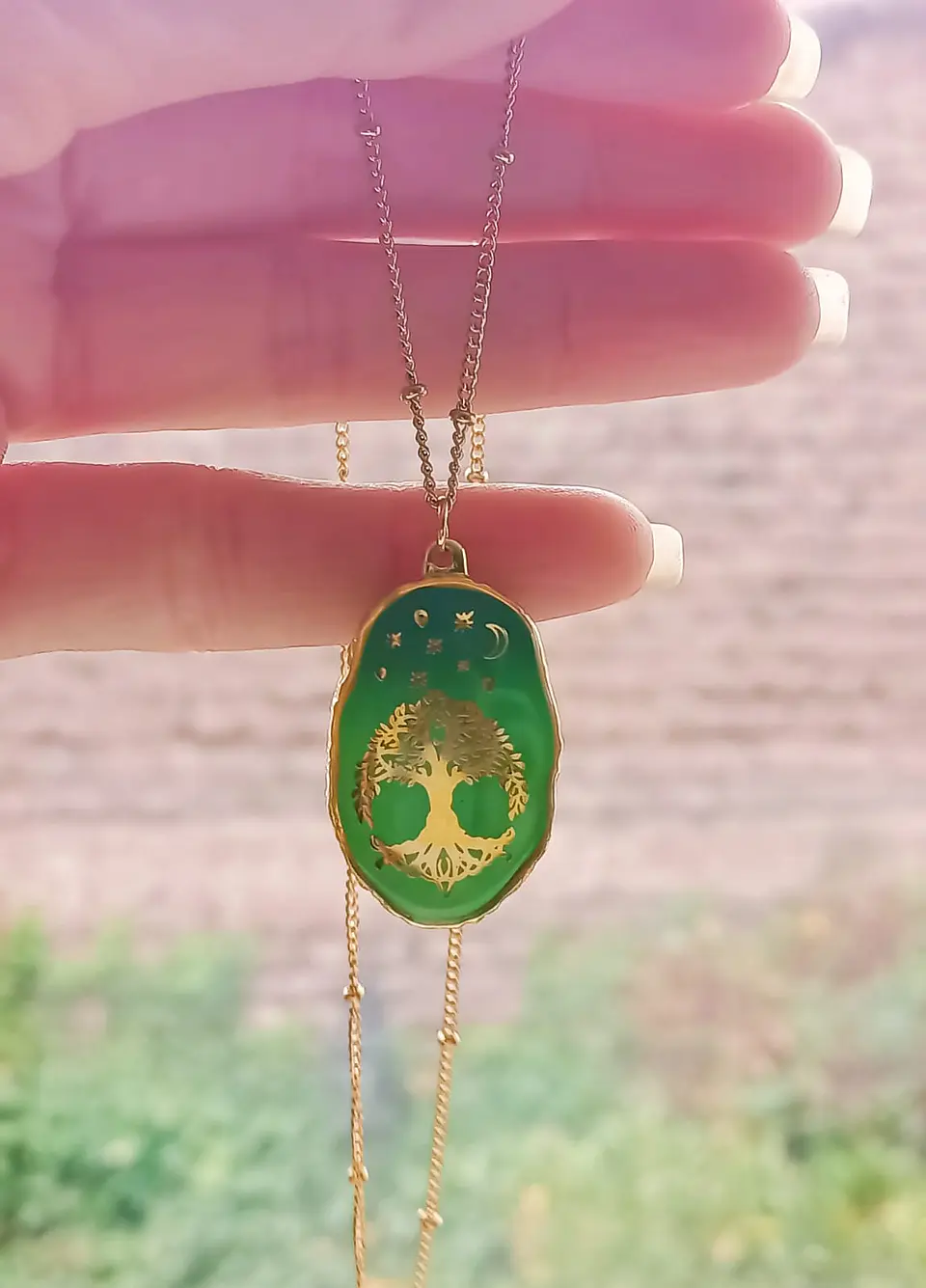 Colgante Árbol De La Vida Resina Verde Chapado En Oro 18k 4
