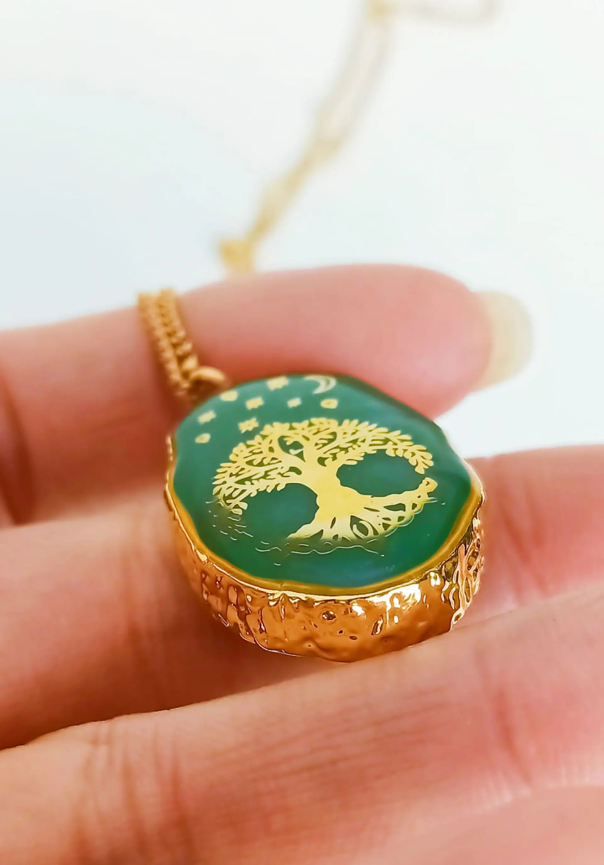 Colgante Árbol De La Vida Resina Verde Chapado En Oro 18k 8