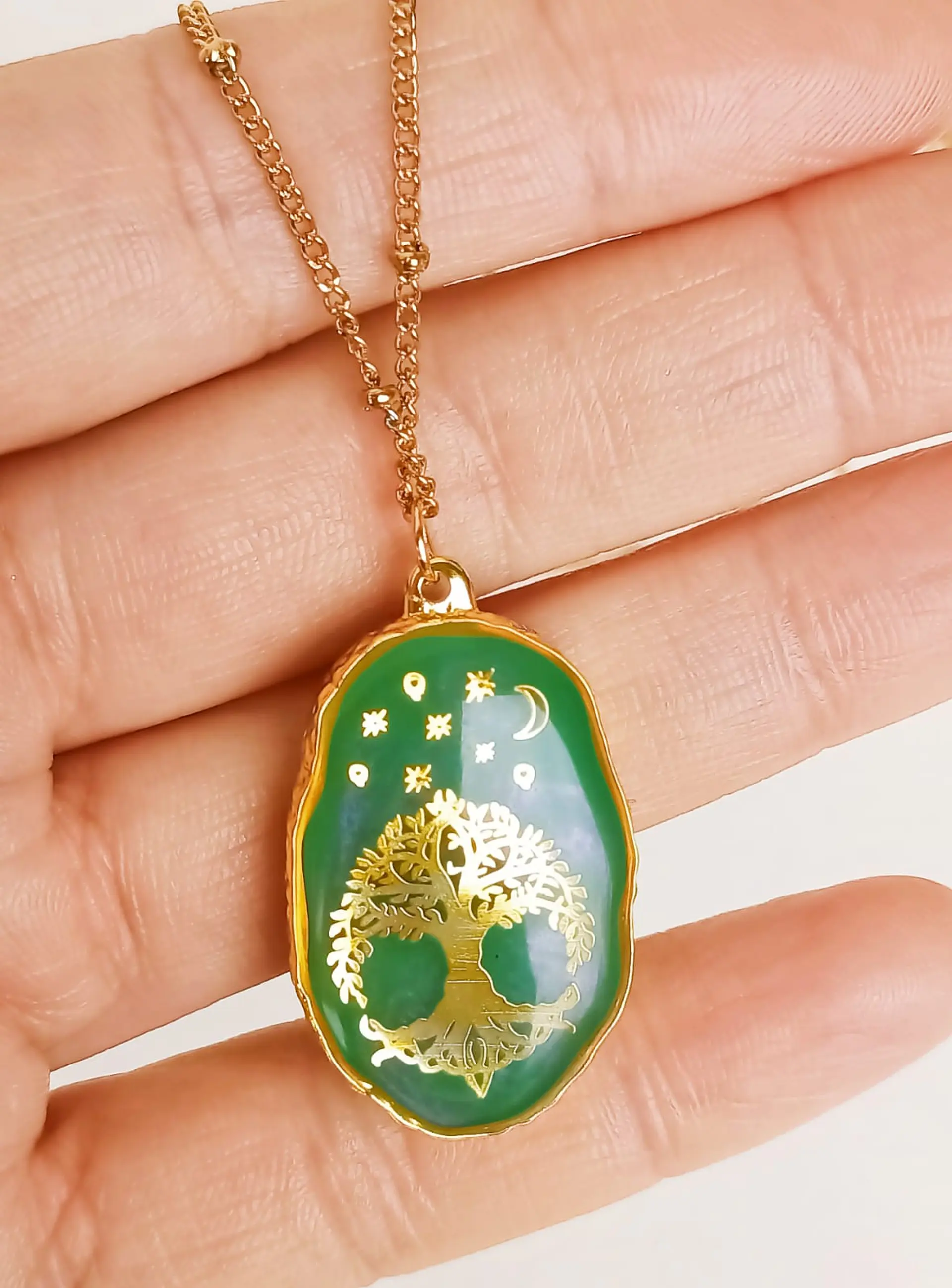 Colgante Árbol De La Vida Resina Verde Chapado En Oro 18k 9