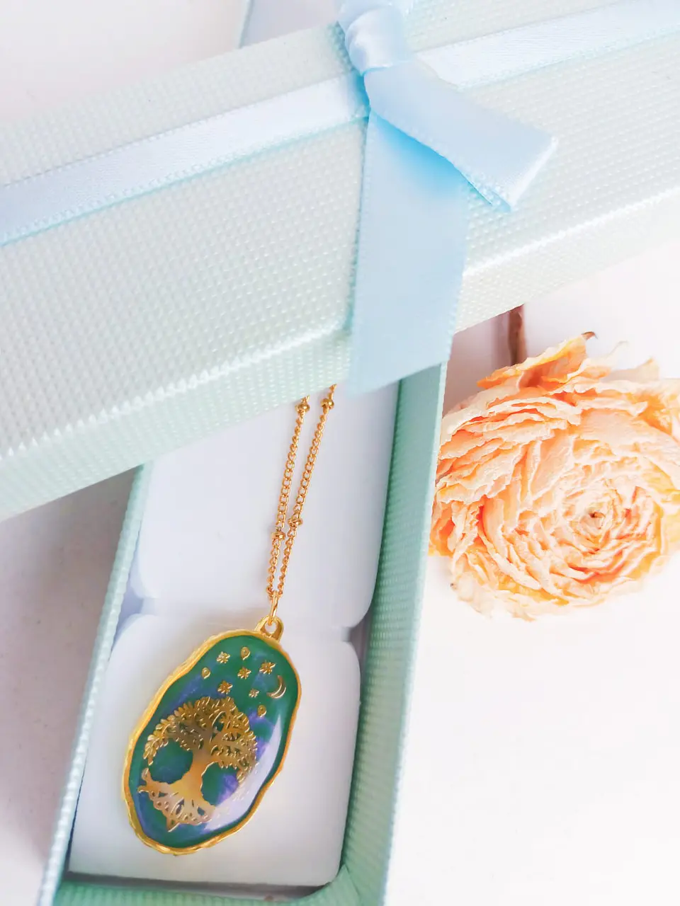 Colgante Árbol De La Vida Resina Verde Chapado En Oro 18k 6