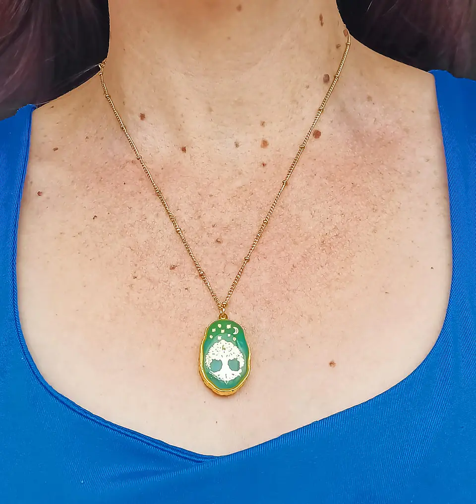 Colgante Árbol De La Vida Resina Verde Chapado En Oro 18k 3