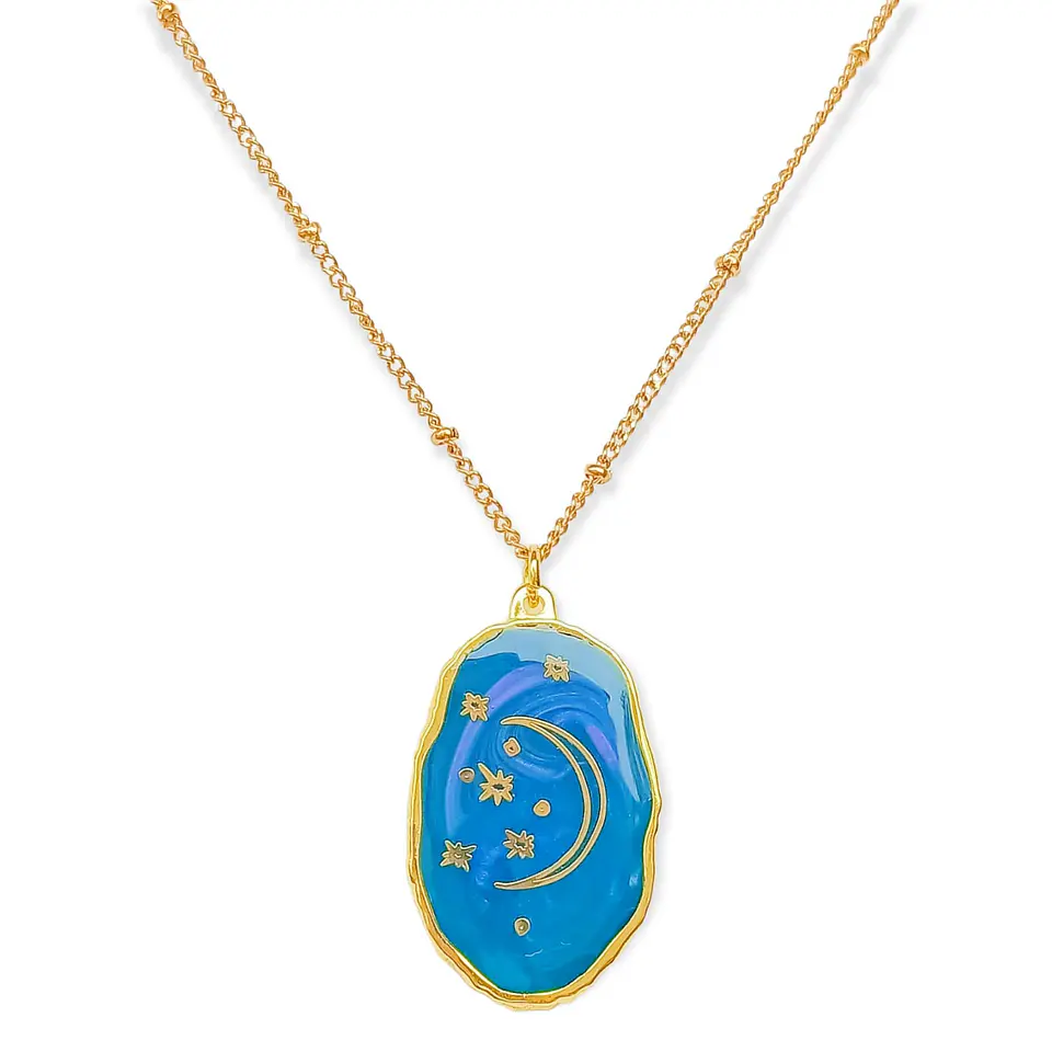 Colgante Luna Y Estrellas Resina Azul Chapado En Oro 18k 1