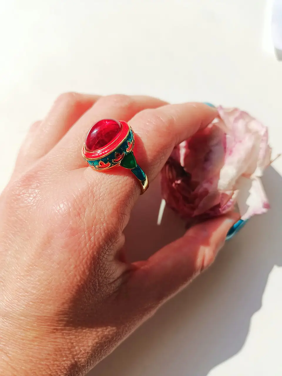 Anillo Ajustable Chapado En Oro 18k Esmaltado Vintage 9
