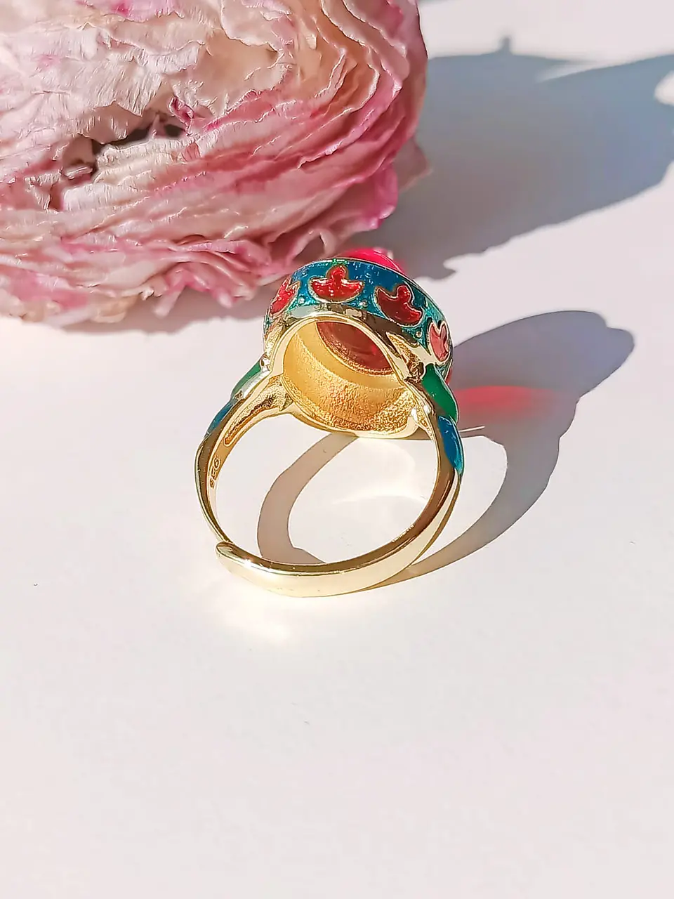 Anillo Ajustable Chapado En Oro 18k Esmaltado Vintage 10