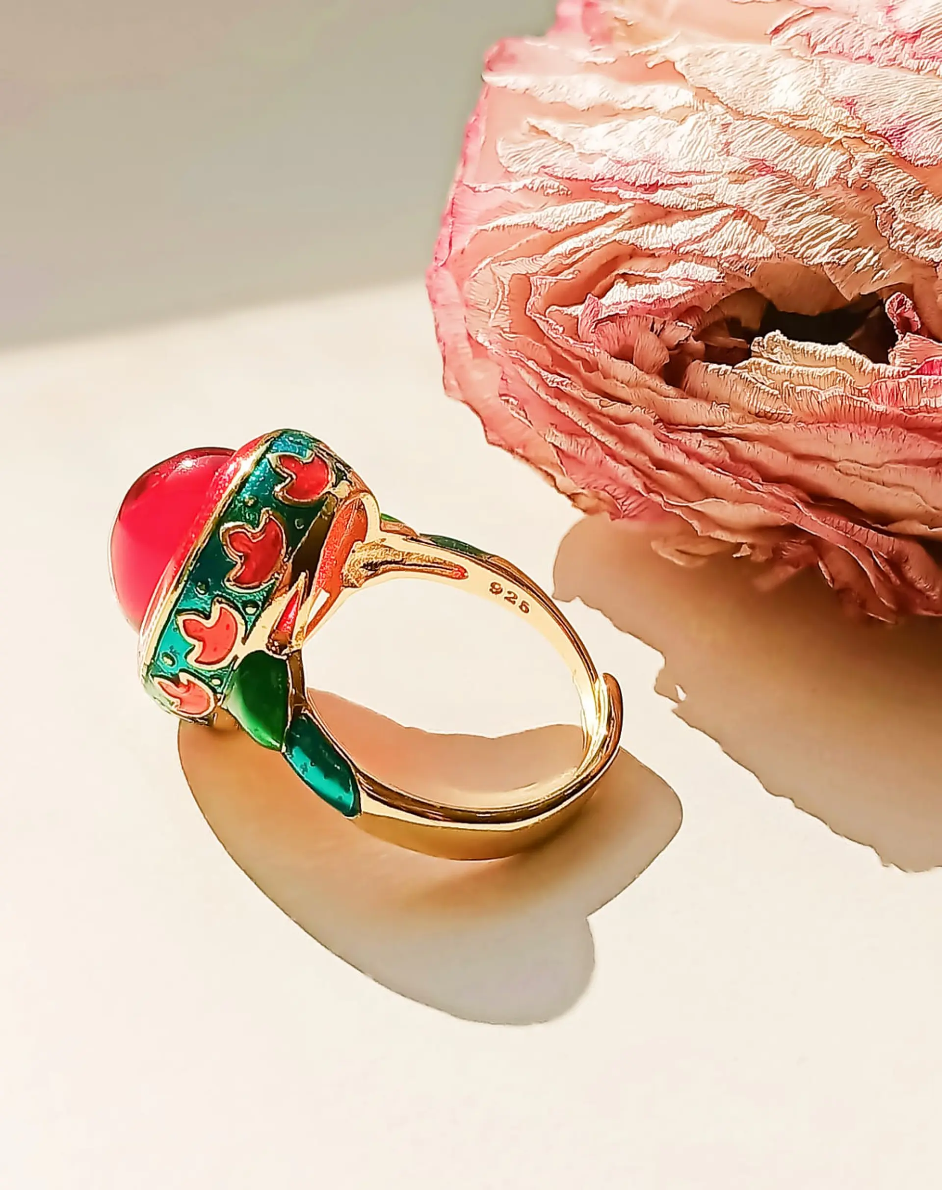 Anillo Ajustable Chapado En Oro 18k Esmaltado Vintage 12