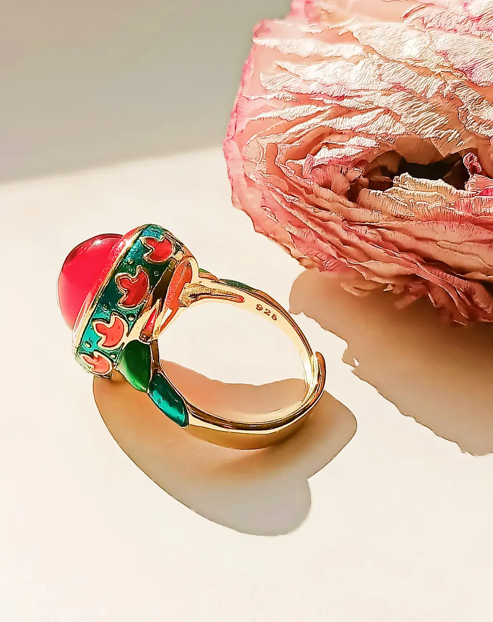 Anillo Ajustable Chapado En Oro 18k Esmaltado Vintage 12