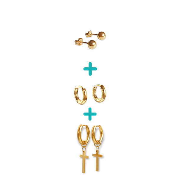 Pack De Aros Argollas Huggies Cruz Esfera Chapada En Oro 18k 1