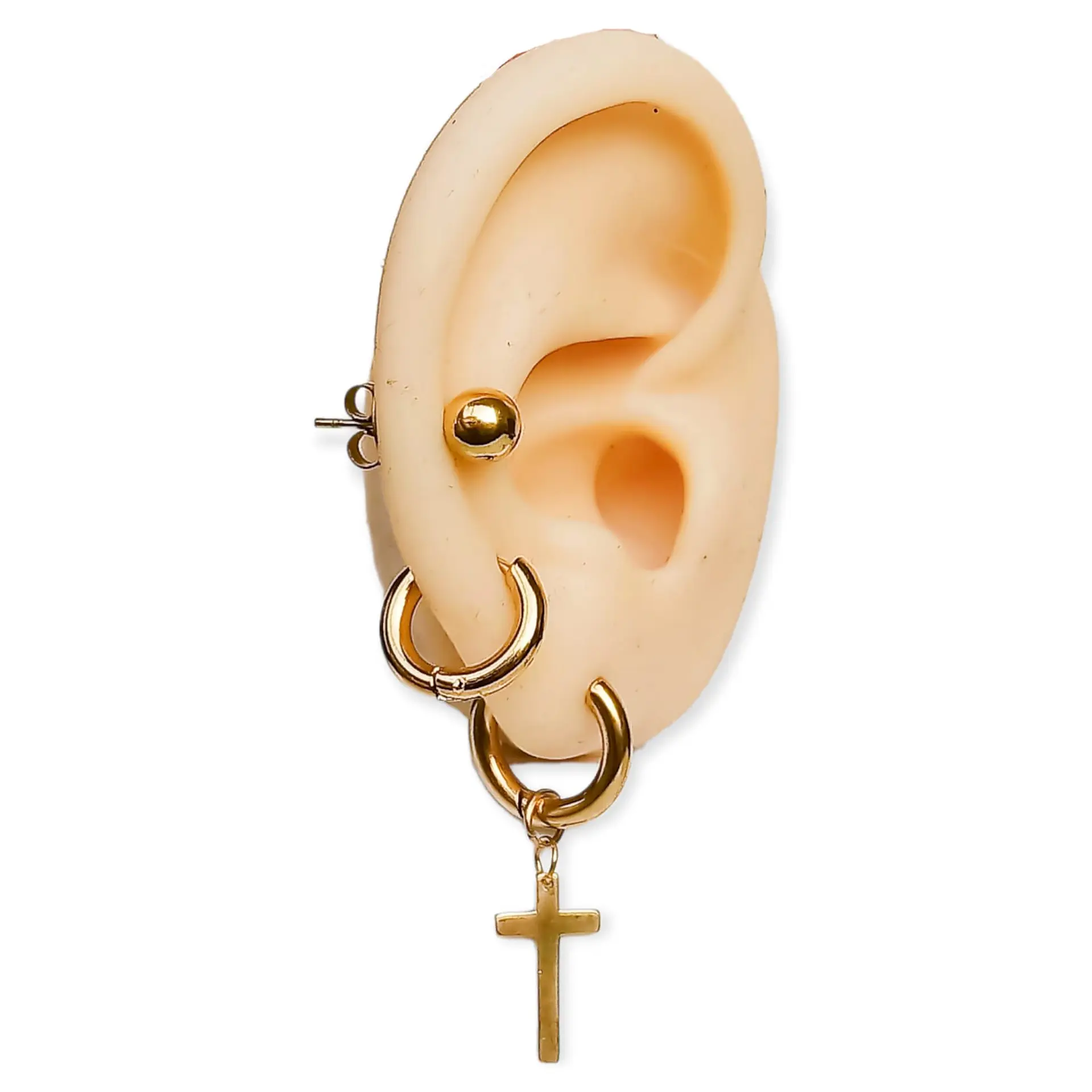 Pack De Aros Argollas Huggies Cruz Esfera Chapada En Oro 18k 2