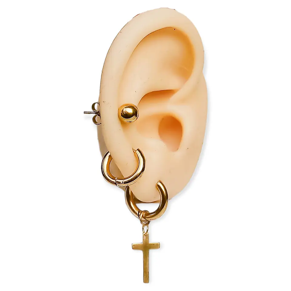 Pack De Aros Argollas Huggies Cruz Esfera Chapada En Oro 18k 2
