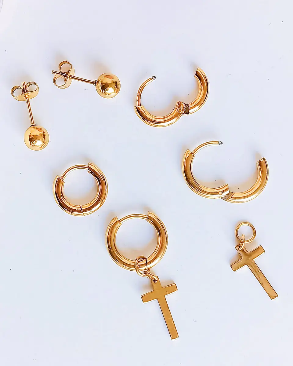 Pack De Aros Argollas Huggies Cruz Esfera Chapada En Oro 18k 6