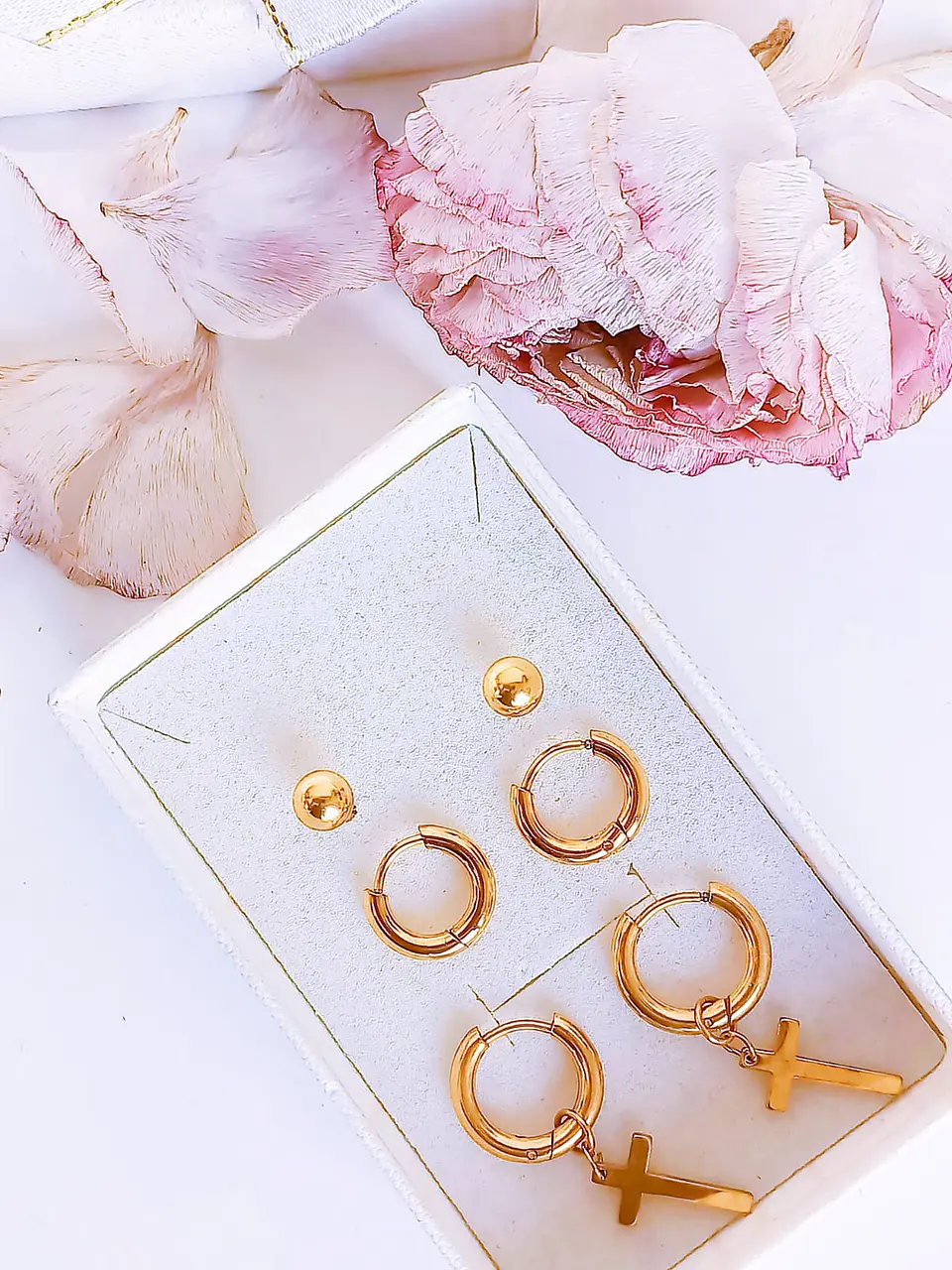 Pack De Aros Argollas Huggies Cruz Esfera Chapada En Oro 18k 3