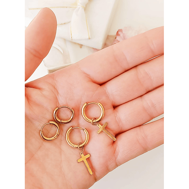 Pack De Aros Argollas Cruz Doble Uso Chapadas En Oro 18k 5