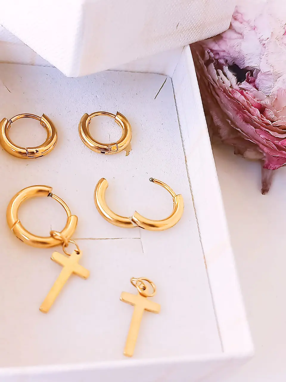 Pack De Aros Argollas Cruz Doble Uso Chapadas En Oro 18k 7