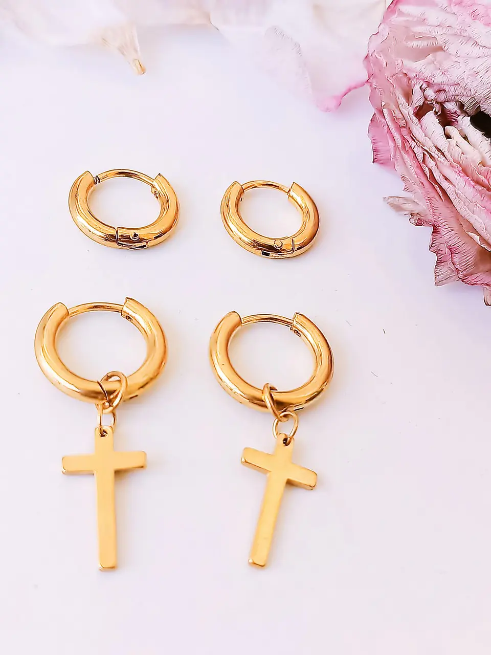 Pack De Aros Argollas Cruz Doble Uso Chapadas En Oro 18k 8