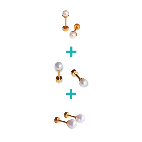 Pack De Aros Piercing Perlas Seguridad Chapadas En Oro 18k