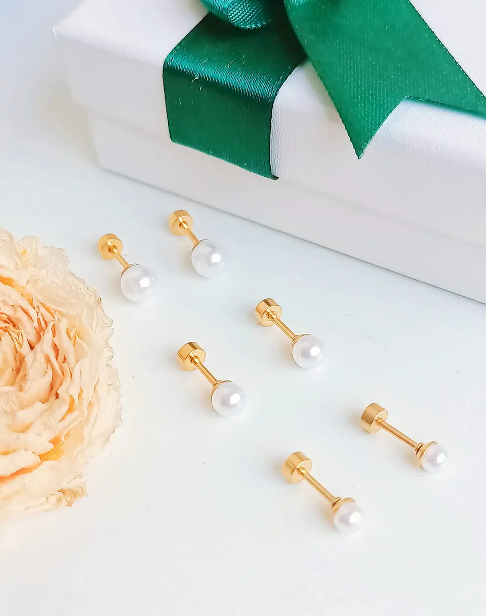 Pack De Aros Piercing Perlas Seguridad Chapadas En Oro 18k 7
