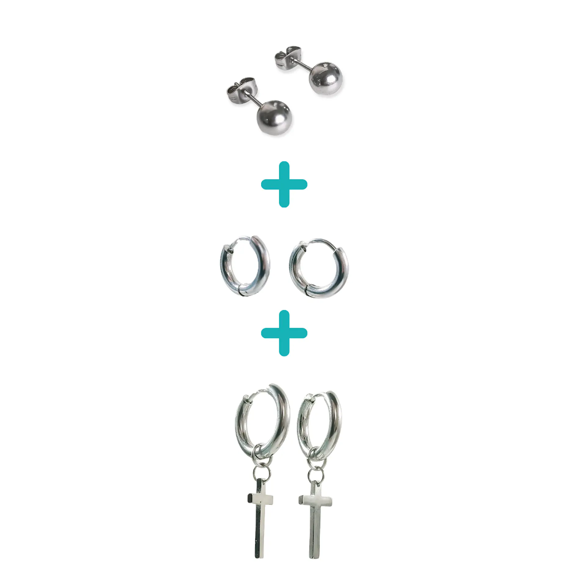 Pack De Aros Argollas Huggies Cruz Esfera Plateada Piercing 1