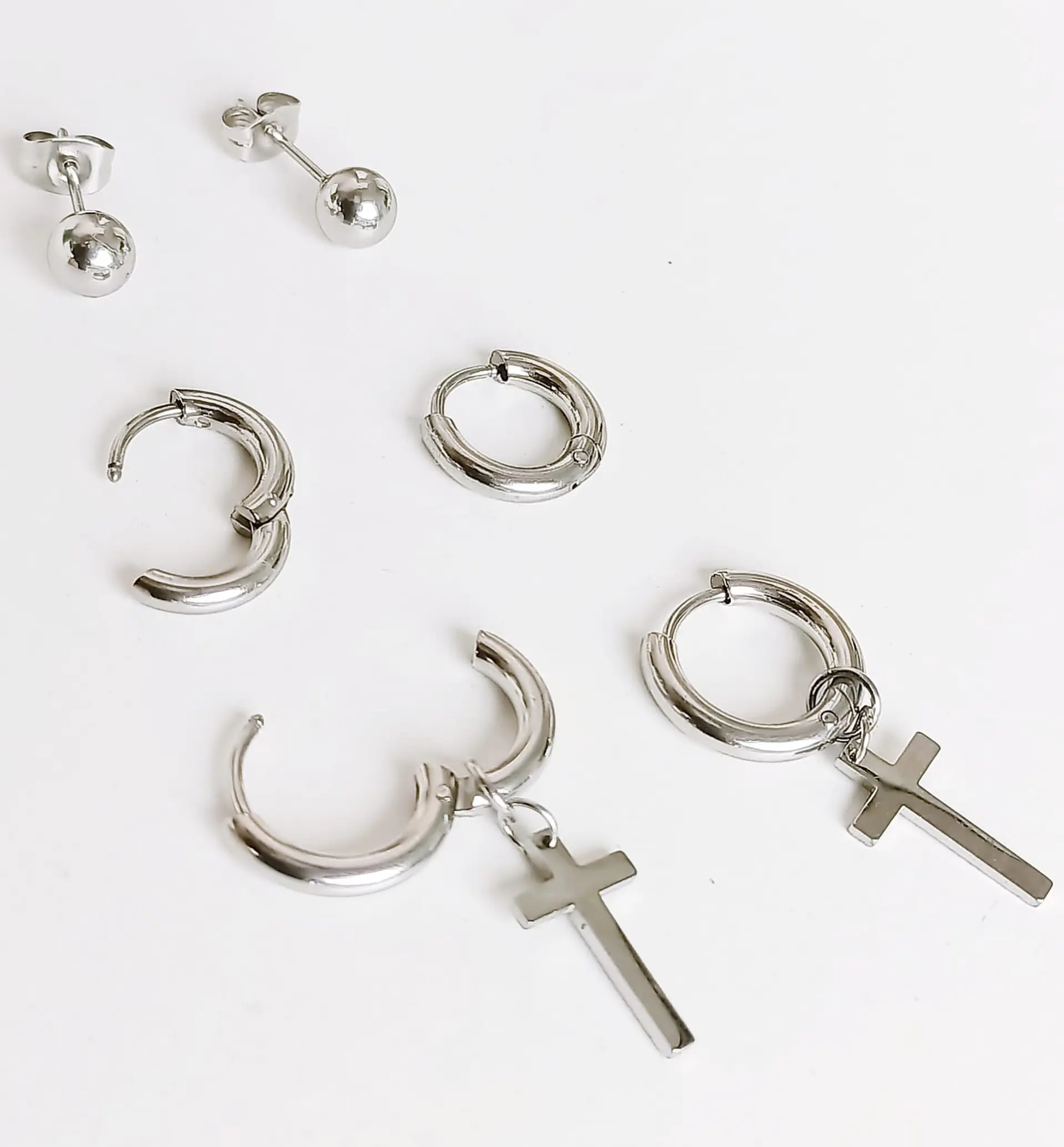 Pack De Aros Argollas Huggies Cruz Esfera Plateada Piercing 3