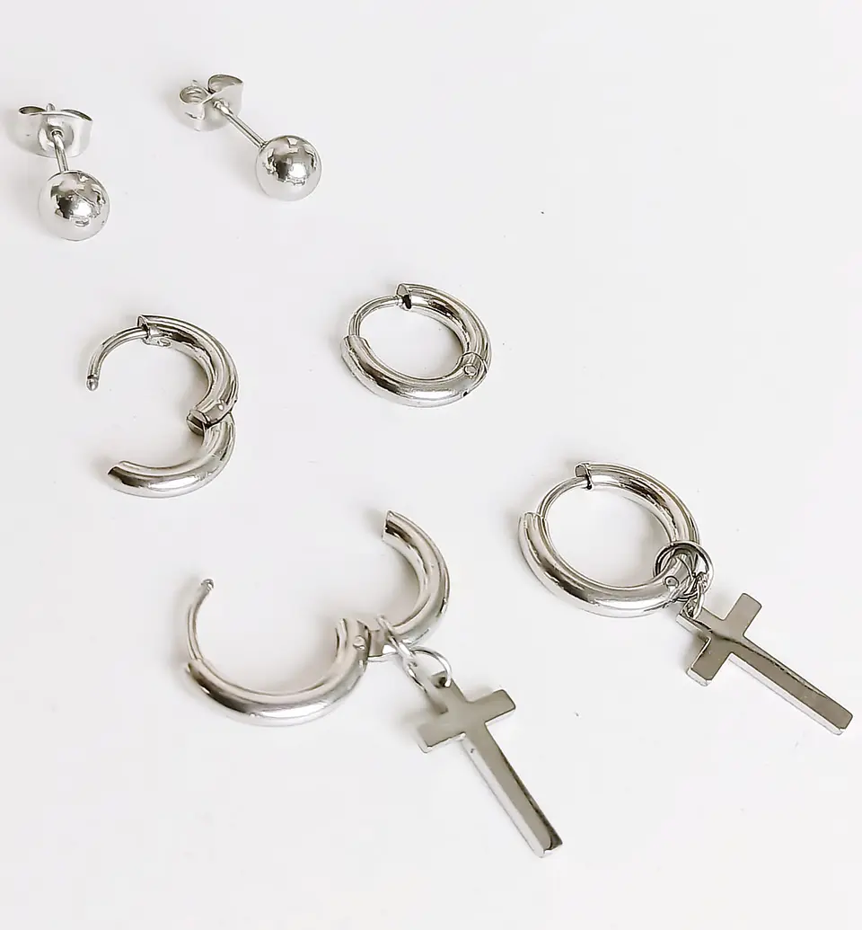 Pack De Aros Argollas Huggies Cruz Esfera Plateada Piercing 3