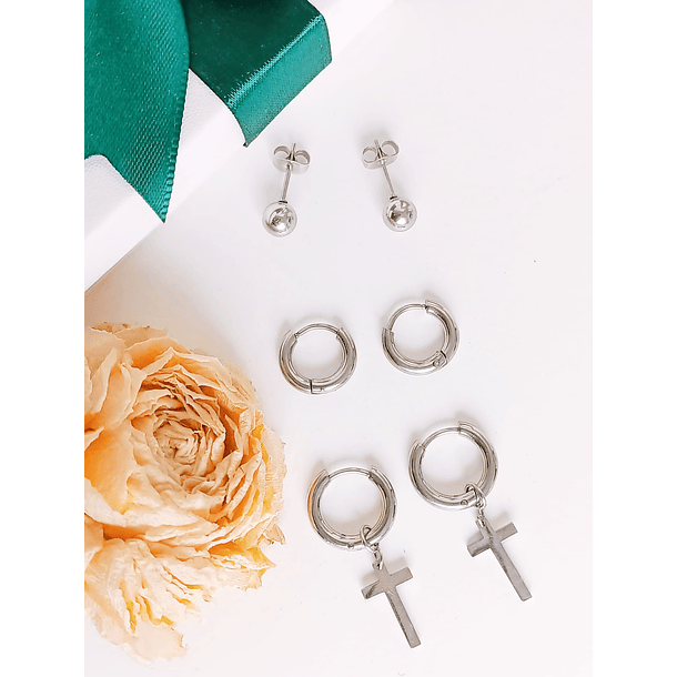 Pack De Aros Argollas Huggies Cruz Esfera Plateada Piercing 8