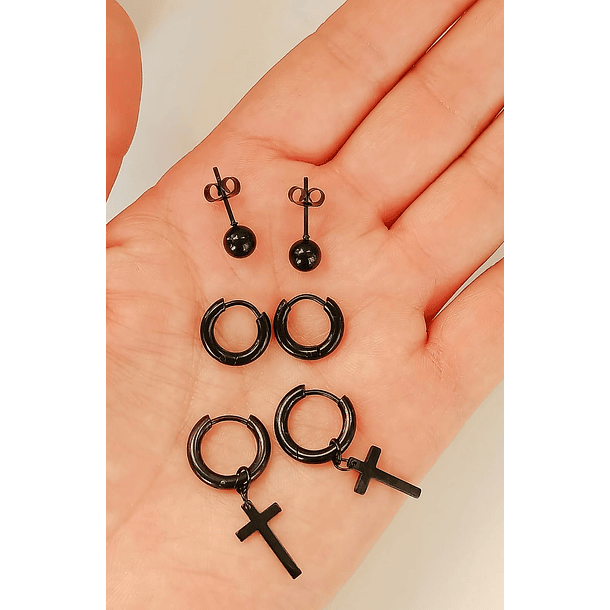 Pack De 3 Pares Aros Argollas Esfera Negras Piercing Oreja 5