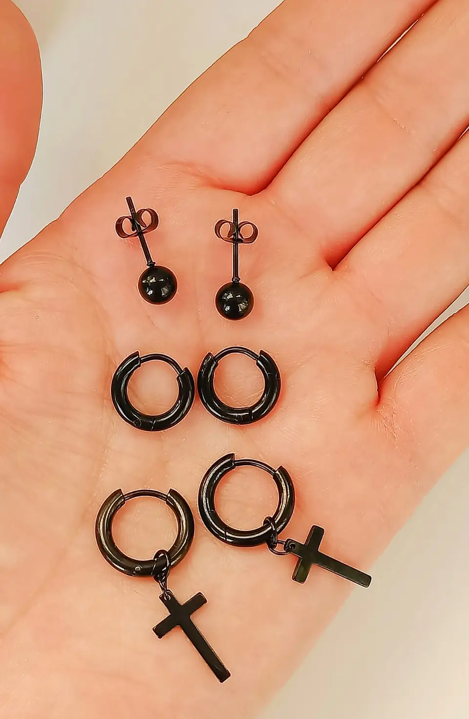 Pack De 3 Pares Aros Argollas Esfera Negras Piercing Oreja 5