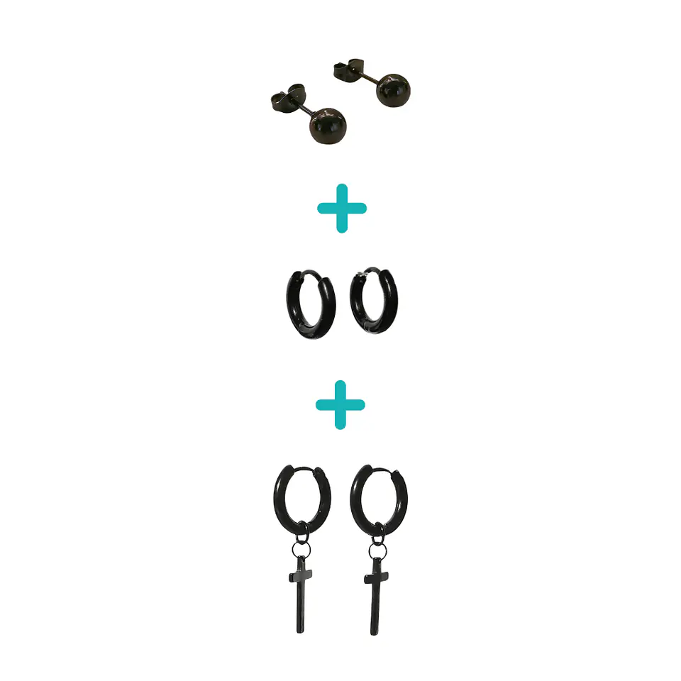 Pack De 3 Pares Aros Argollas Esfera Negras Piercing Oreja 2
