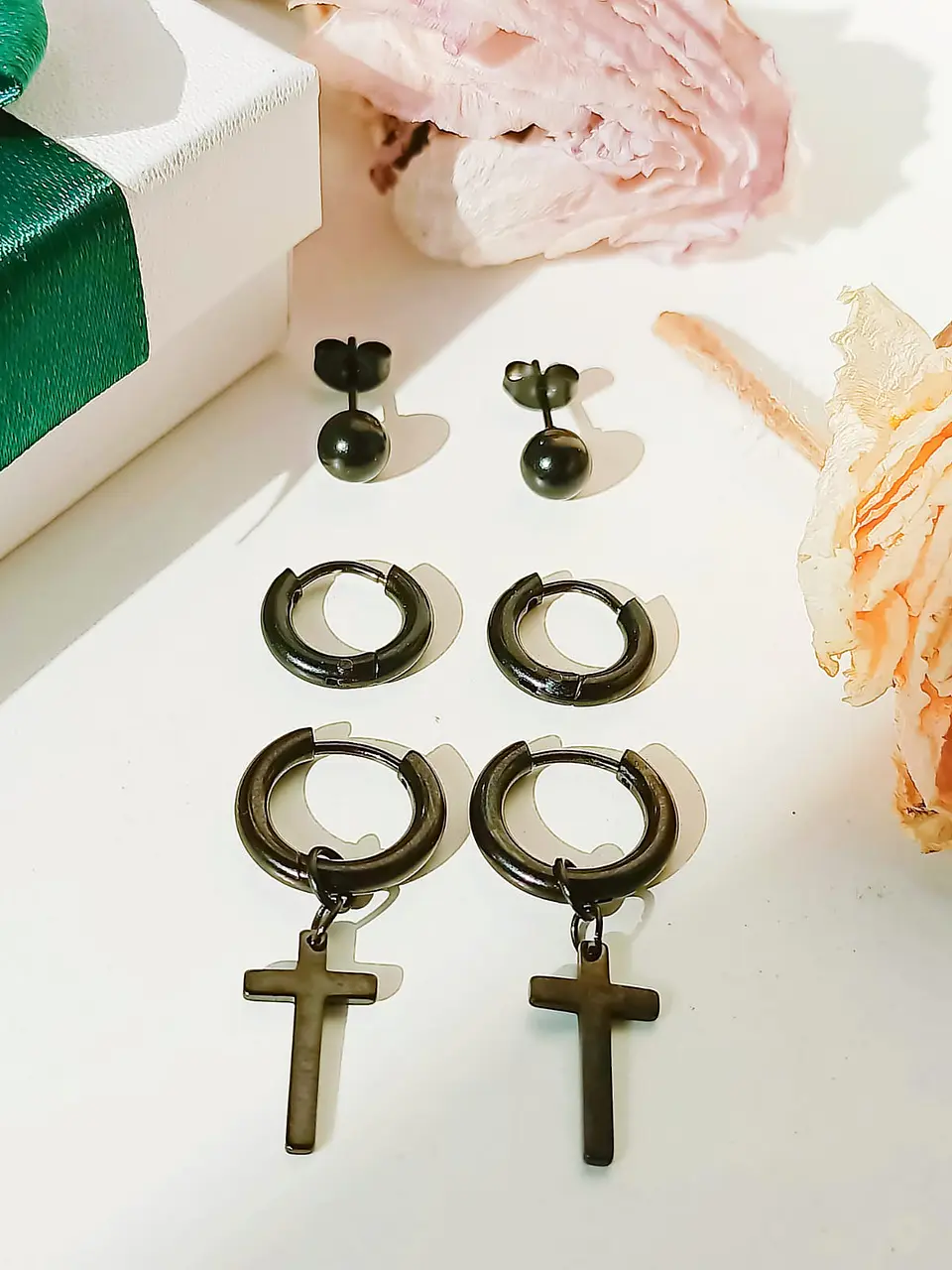 Pack De 3 Pares Aros Argollas Esfera Negras Piercing Oreja 6