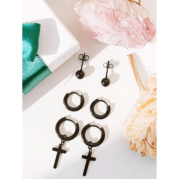 Pack De 3 Pares Aros Argollas Esfera Negras Piercing Oreja 4