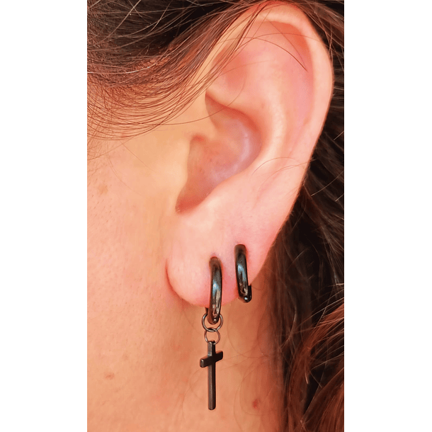 Pack De Aros Argollas Doble Uso Negras Cruz Piercing Oreja 3