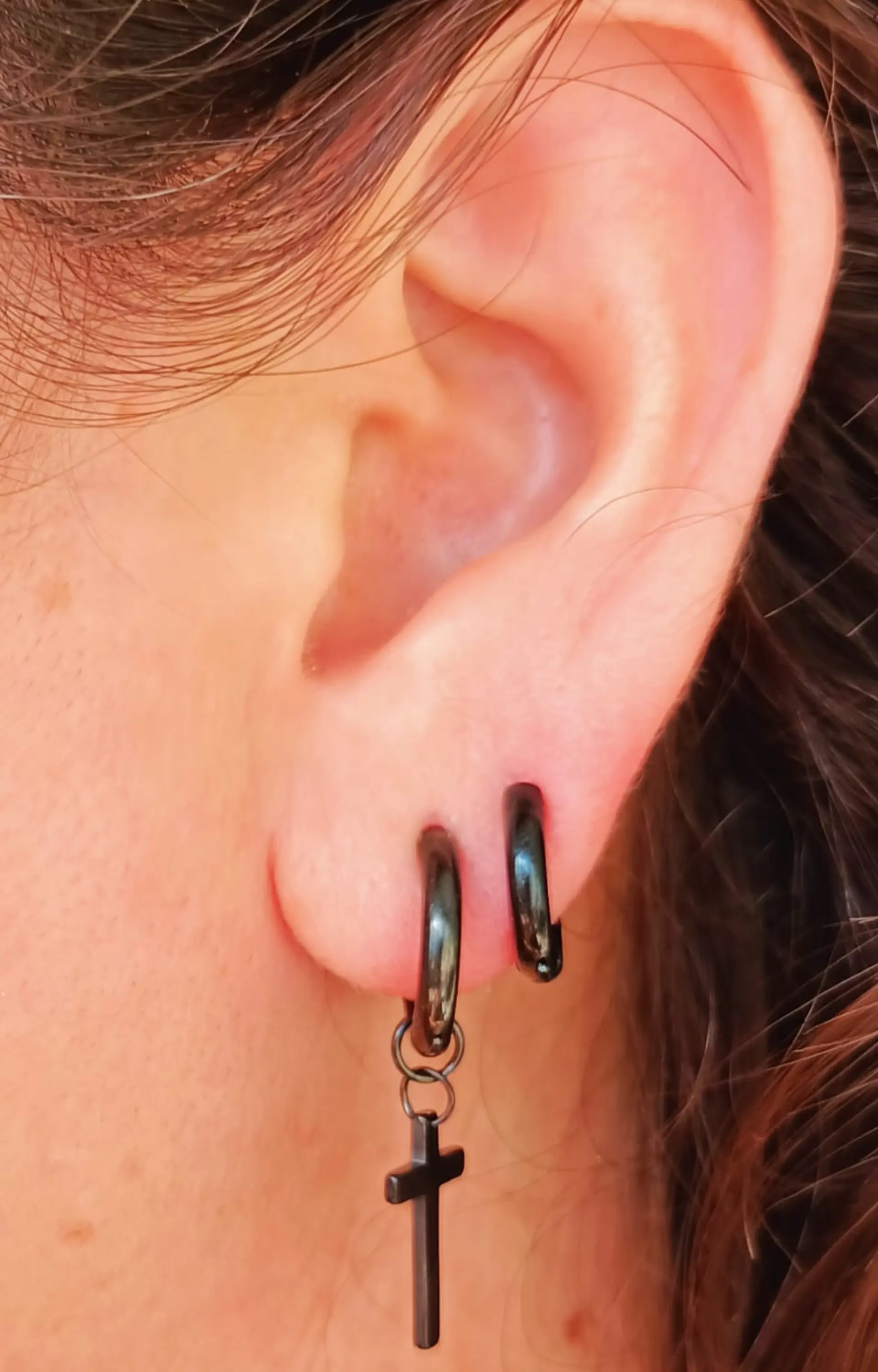 Pack De Aros Argollas Doble Uso Negras Cruz Piercing Oreja 3