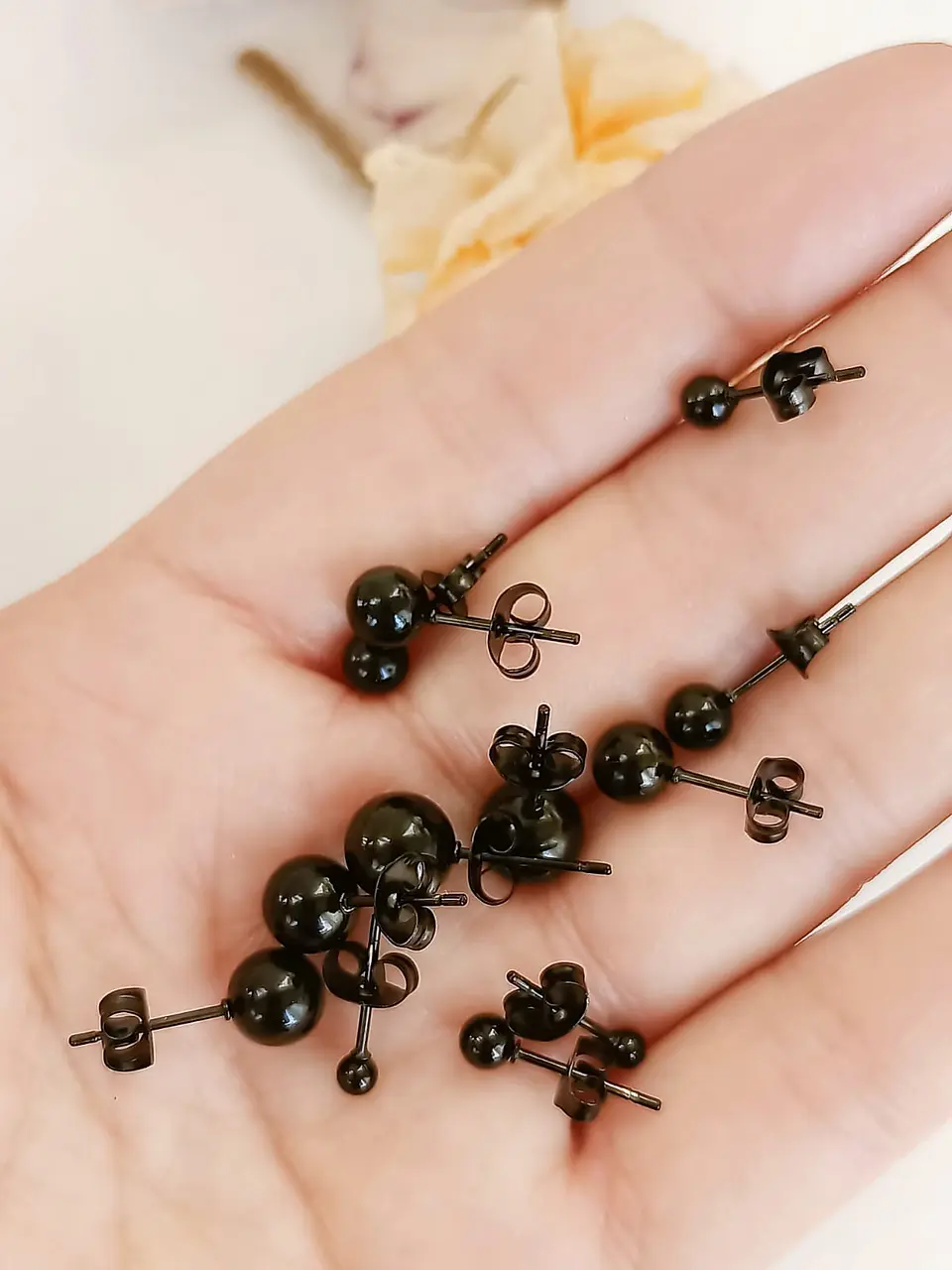 Pack 6 Par De Esferas Negras Hipoalergénica Piercing Oreja 3
