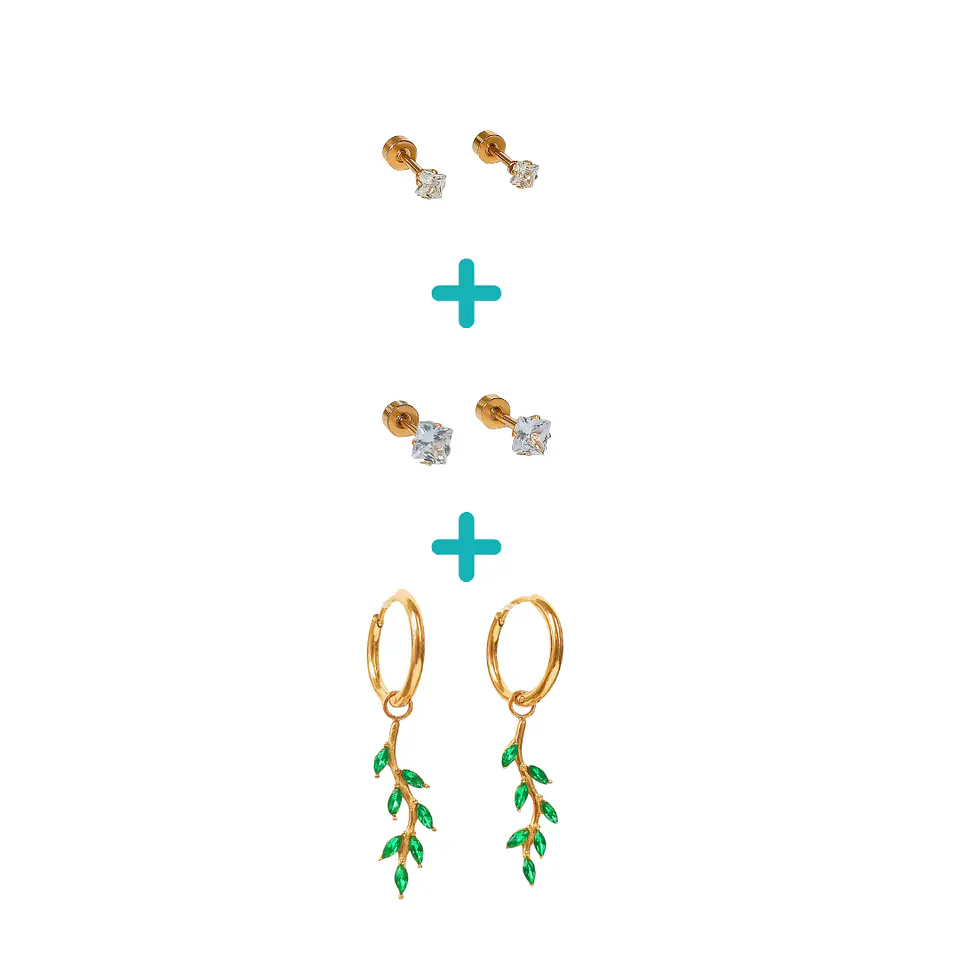 Pack De Aros Punto Luz Hoja Piercing Oreja Chapado En Oro 18 Kl 2